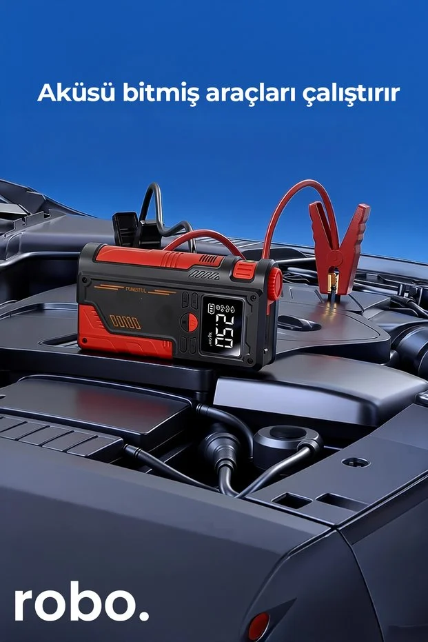 Süper 4'lü Şarjlı Akü Ateşleyici Lastik şişirici Powebank Led ışık 150Psi Yüksek basınçlı Kırmızı